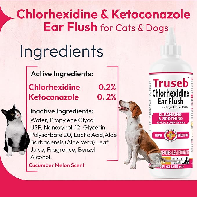 Truseb Advanced Topical Dog Ear Wash with Ketoconazole &amp; Chlorhexidine Ear Flush Dog, Cats and Horses, with Aloe - 12 oz Made in U.S.A (Ketoconazole &amp; Chlorhexidine Ear Flush, 12 oz)
