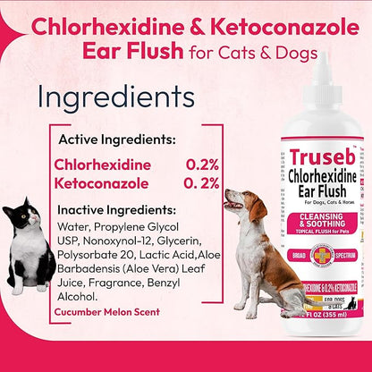 Truseb Advanced Topical Dog Ear Wash with Ketoconazole &amp; Chlorhexidine Ear Flush Dog, Cats and Horses, with Aloe - 12 oz Made in U.S.A (Ketoconazole &amp; Chlorhexidine Ear Flush, 12 oz)