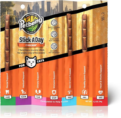 Stick a Day | Specially Formulated 7-in-1 Functions Daily Real Meat Supplement for Cats | Cat Chew Stick &amp; Pet Vitamins Supplements Combination (7-Pack x 4, Mix)