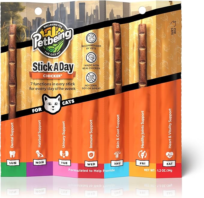 Stick a Day | Specially Formulated 7-in-1 Functions Daily Real Meat Supplement for Cats | Cat Chew Stick &amp; Pet Vitamins Supplements Combination (7-Pack x 4, Chicken)