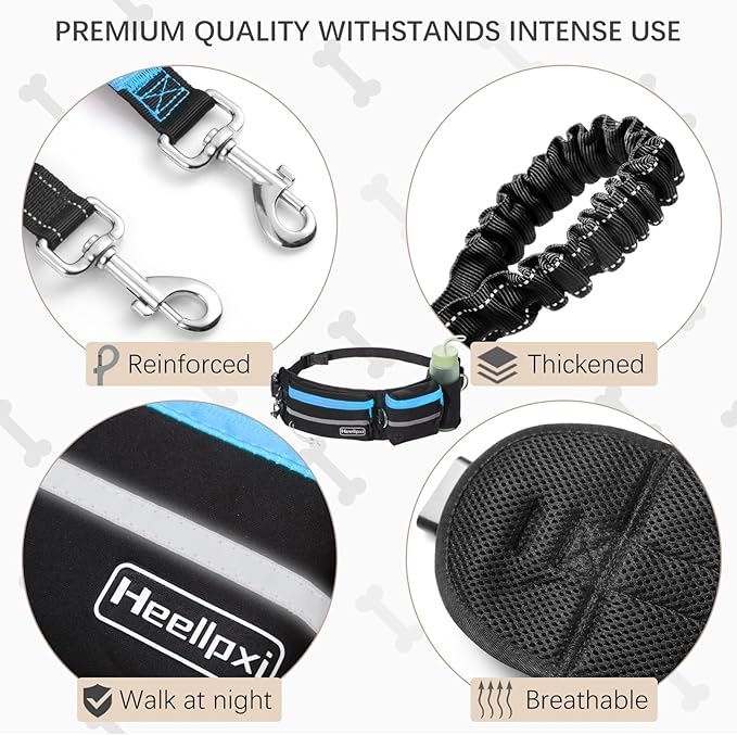 Hands-Free Waist Leash with Pouch for Two Dogs,Reflective Stitching, Dual Handle &amp; Bungee Retractable Design – Ideal for Medium to Large Dogs (Blue) – Dog Walking Accessories