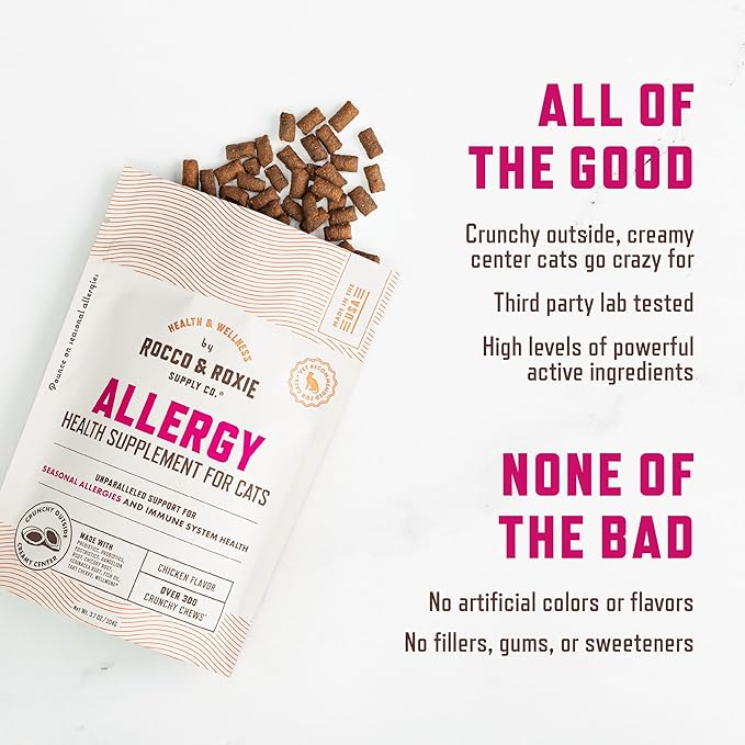 Rocco &amp; Roxie Allergy Relief for Cats, Cat Supplements &amp; Vitamins, Probiotics to Support Gut Health, Fish Oil for Skin, Sneezing and Itching from Seasonal Allergies, Tart Cherry Immune System Support