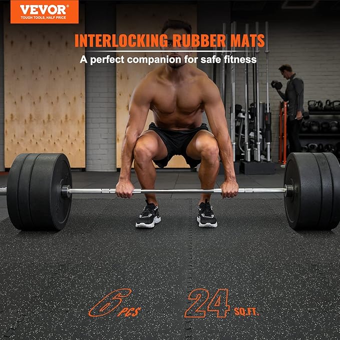 VEVOR 6PCS 0.56 inch Thick Gym Floor Mats, 25" x 25" EVA Foam &amp; Rubber Top Interlocking Workout Floor Mats with 24 sq.ft Coverage, Waterproof Exercise Puzzle Flooring for Gym, Home, Garage, Basement