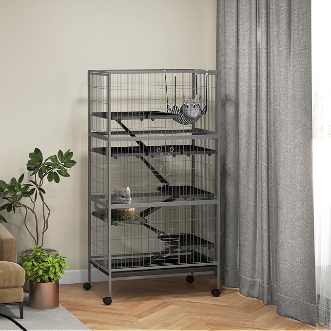 PawHut 63" 6-Tier Small Animal Cage, Ferret Cage, Large Chinchilla Cage with Hammock Accessory &amp; Heavy-Duty Steel Wire, Small Animal Habitat with 6 Doors, Removable Tray, Gray