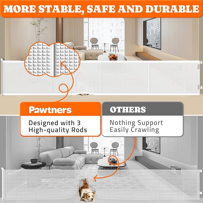 Pawtners Retractable Baby Gates Extra Wide, 41" Tall Extends up to 200" Wide, Dog Gate Indoor for Stairs, Pet Gate with Support Rods for Doorways Hallways Garage Indoor &amp; Outdoor-White