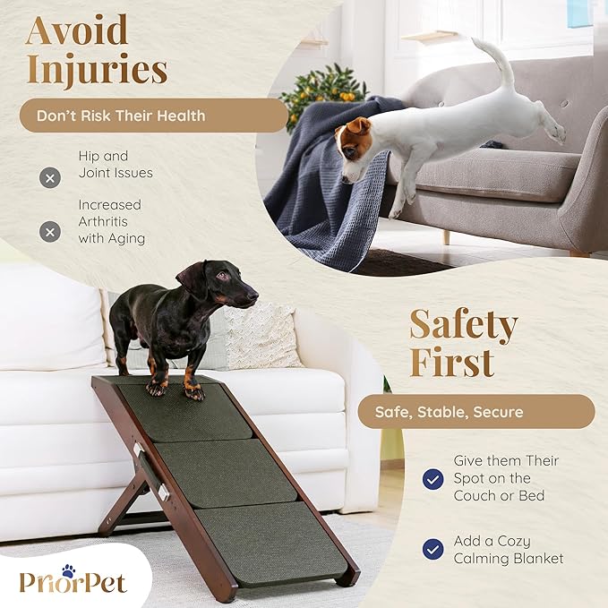 Dog Steps for Bed &amp; Couch 2-in-1 Dog Stairs/Ramp - Height Adjustable Dog Ramp for Couch 7” - 20” - Pet Stairs, Dog Stairs for Small Dogs - Easy to Move Pet Steps with Landing Platform, Walnut