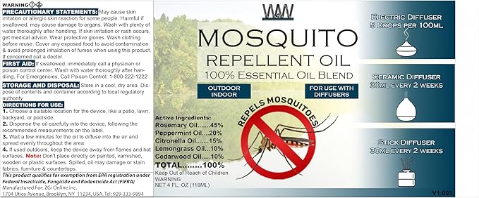 W4W Mosquito Oil - 100% Essential Oil Blend - 4 Oz - Mosquitoes, Gnats &amp; other Flying Insects - for use with Diffusers, Sprays, Lotions, &amp; Soaps - 4 Ounce Dropper Bottle