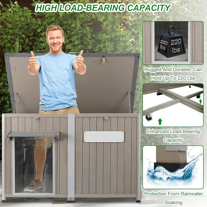 Dog House Outdoor Weatherproof &amp; Wooden Dog Kennel with Chew-Proof Iron Frame，Removable Floor, Adjustable Vent Window, Easy Assembly for Large and Extra-Large Dogs 55.1" D x 33.1" W x 34.8" H