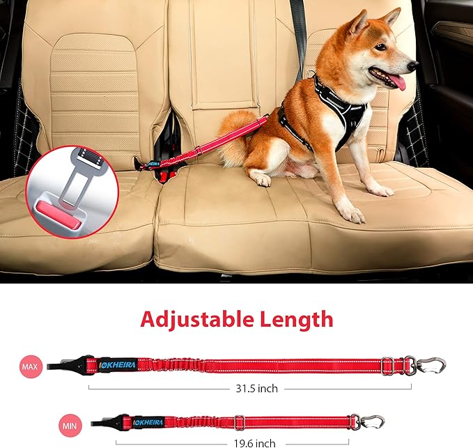 IOKHEIRA Dog Seatbelt, Updated Dog Seat Belt, Reflective Bungee Dog Car Harness, Multifunctional Pet Safety Belt with Hook Latch &amp; Seatbelt Buckle, Swivel Aluminum Carabiner, Red