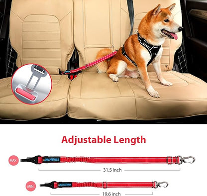 IOKHEIRA Dog Seatbelt, Updated Dog Seat Belt, Reflective Bungee Dog Car Harness, Multifunctional Pet Safety Belt with Hook Latch &amp; Seatbelt Buckle, Swivel Aluminum Carabiner, Red