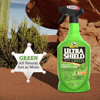 Absorbine UltraShield Green All-Natural Fly &amp; Insect Repellent for Horses &amp; Dogs, Essential Oils Repel &amp; Control, 32oz Spray Bottle