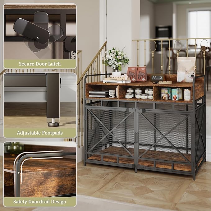 Dog Crate Furniture, 48" Heavy Duty Wooden Dog Crate End Table, XL Dog Kennel Furniture Large Breed, Decorative Dog Kennel Indoor with 3 Drawers &amp; Steel Tubes 48" L x28 W x38 H (Rustic Brown)