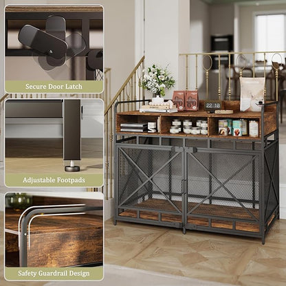Dog Crate Furniture, 48" Heavy Duty Wooden Dog Crate End Table, XL Dog Kennel Furniture Large Breed, Decorative Dog Kennel Indoor with 3 Drawers &amp; Steel Tubes 48" L x28 W x38 H (Rustic Brown)