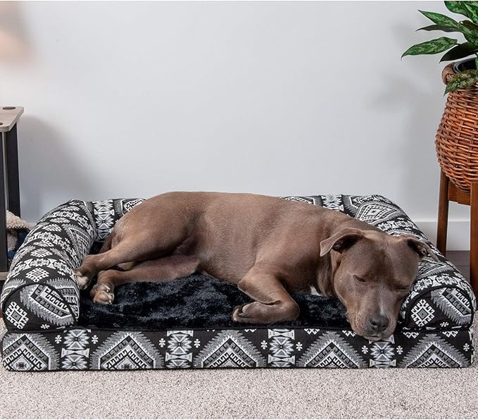Furhaven Orthopedic Dog Bed for Large/Medium Dogs w/ Removable Bolsters &amp; Washable Cover, For Dogs Up to 55 lbs - Plush &amp; Southwest Kilim Woven Decor Sofa - Black Medallion, Large