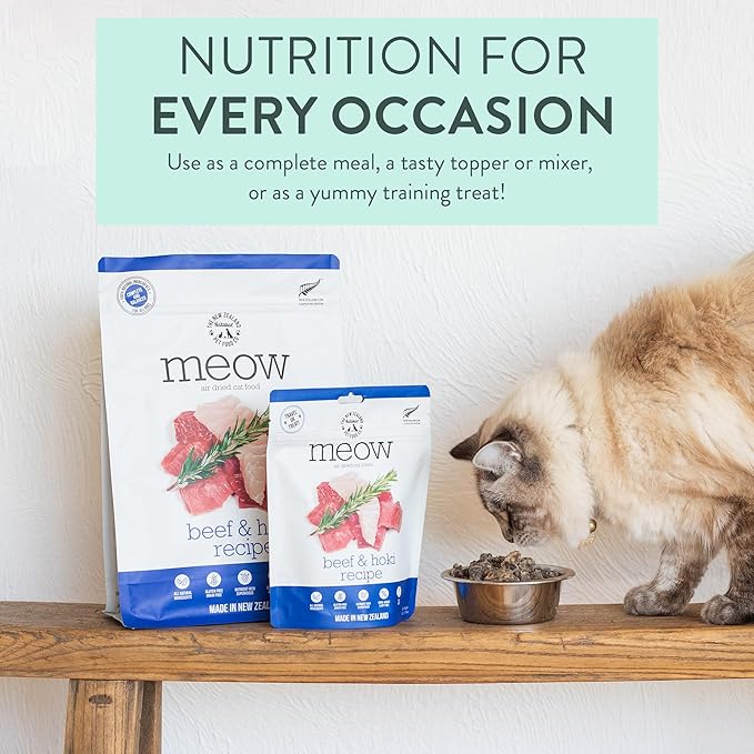 Meow Air Dried Cat Food - Beef &amp; Hoki Recipe,High Protein Dry Cat Food, Training Treats, Meals &amp; Toppers,3.5oz