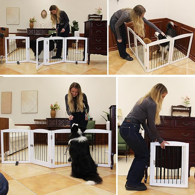 ZJSF Foldable Indoor Dog Door with Walk Through Door, Freestanding Pet Door for The House,Doorways, Stairs, Pet Puppy Safety Fence with Support Feet, White 6 Panels 120" Wide 32&