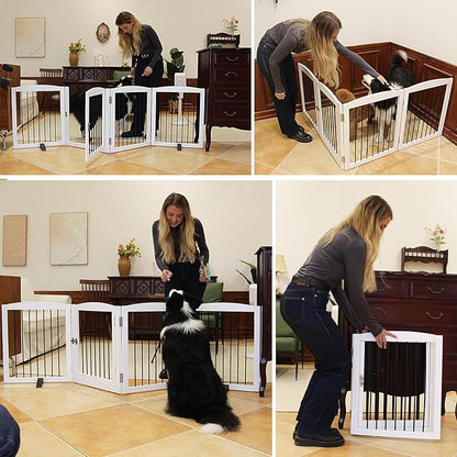 ZJSF Foldable Indoor Dog Door with Walk Through Door, Freestanding Pet Door for The House,Doorways, Stairs, Pet Puppy Safety Fence with Support Feet, White 6 Panels 120" Wide 32&