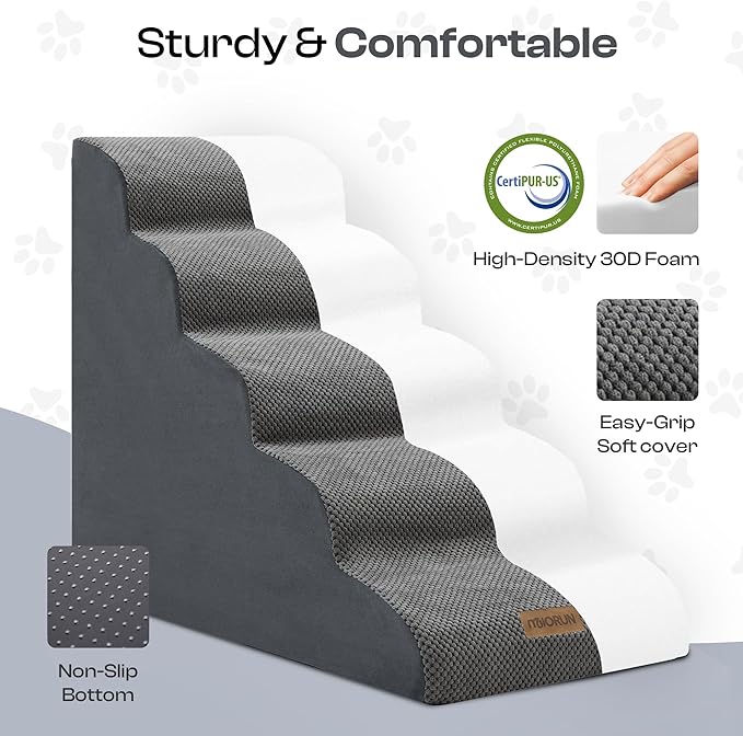 Dog Stairs for High Beds Up to 30", Extra-Tall 24.5" 5-Step Foam Pet Ramp with Washable Cover, Gentle Slope Steps, Bed &amp; Couch Ladder for Small Medium Dogs &amp; Senior Cat, Puppy Climbing Stairs