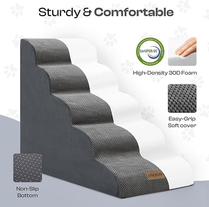 Dog Stairs for High Beds Up to 30", Extra-Tall 24.5" 5-Step Foam Pet Ramp with Washable Cover, Gentle Slope Steps, Bed &amp; Couch Ladder for Small Medium Dogs &amp; Senior Cat, Puppy Climbing Stairs