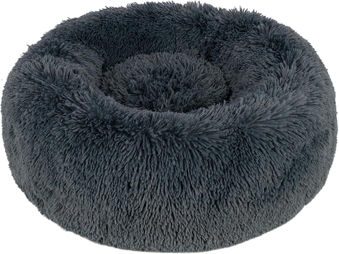 Best Pet Supplies Round Donut Dog Bed with Plush Faux Fur Fabric, Calming, Anti-Anxiety Cushion for Indoor Pets, Slip-Resistant Base, Soft Ergonomic Support - Gray, 24x24x7&