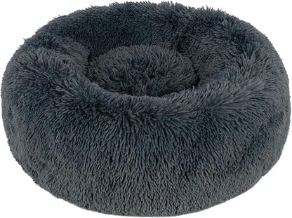 Best Pet Supplies Round Donut Dog Bed with Plush Faux Fur Fabric, Calming, Anti-Anxiety Cushion for Indoor Pets, Slip-Resistant Base, Soft Ergonomic Support - Gray, 27x27x7.5&