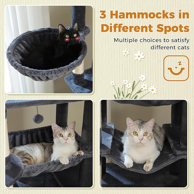 81 Inch Tall Cat Tree for Big Cats &amp; Multi-Cat Homes, Large Heavy Duty Cat Tower with Metal Frame Hammock, 6 Scratching Posts, 2 Condos, 2 Perches, Scratching Pad - Dark Grey