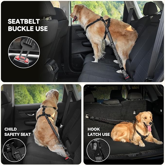 Pawaboo Dog Seatbelt for Car, 3-in-1 Dog Seat Belt Bungee, Shockproof Dogs Tether for Car with Buckle &amp; Hook Latch, Adjustable Reflective Dogs Cars Harness Leash with 360° Lockable Buckle, Black