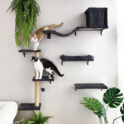 FUKUMARU Cat Wall Shelves, Stable &amp; Safe 4 in 1 Cat Furniture Set, Wooden Climbing Wall with Scratching Post for 16 Inch Drywall - Gray