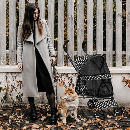 MoNiBloom 4 Wheels Pet Stroller, Easy-Fold Umbrella Shaped Dog Cat Jogger Stroller w/Storage Bag &amp; Visible Mesh for Small/Medium Dogs Cats Black Polka Dots
