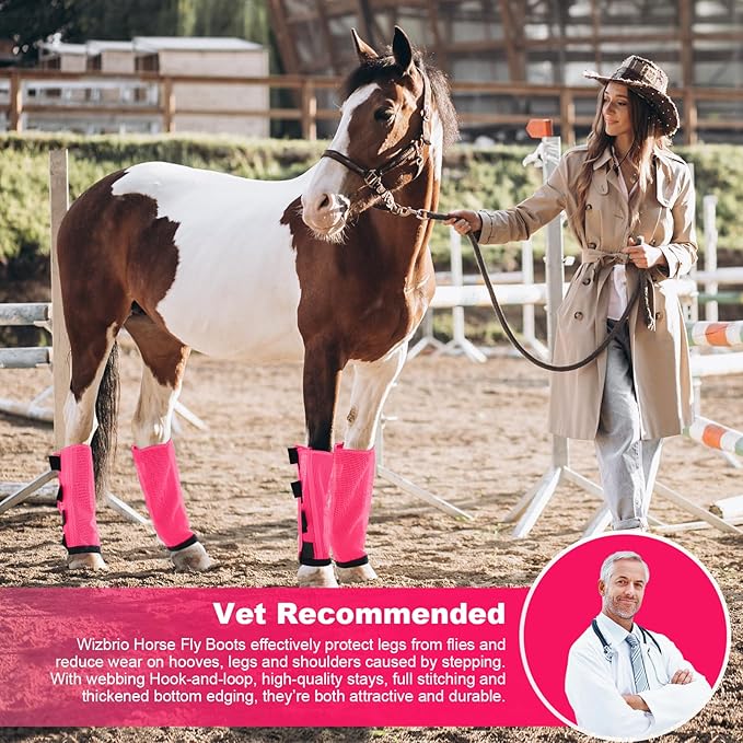 Premium 4-Pack Horse Fly Boots &amp; Leggings Loose-Fit Fine Mesh with Stay-On Fasteners, Support Strips &amp; Anti-Stomp Design Breathable Non-Slip Protection Leg Wrap (Large) Rose Pink