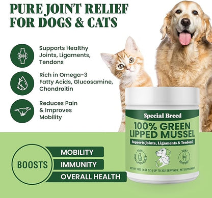 Special Breed Green Lipped Mussel Powder for Dogs &amp; Cats - 100% New Zealand - Natural Hip &amp; Joint Supplement for Joints, Tendons, Ligaments, Muscles - 100 Grams - Up to 332 Servings