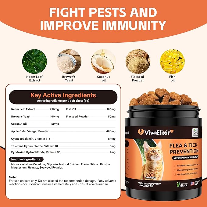 Flea &amp; Tick Treatment for Cats – Natural Flea, Tick &amp; Mosquito Prevention with Brewer’s Yeast, Coconut Oil – Skin &amp; Coat Health, Immune Support – Vet Formulated 200 Chews