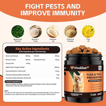 Flea &amp; Tick Treatment for Cats – Natural Flea, Tick &amp; Mosquito Prevention with Brewer’s Yeast, Coconut Oil – Skin &amp; Coat Health, Immune Support – Vet Formulated 200 Chews