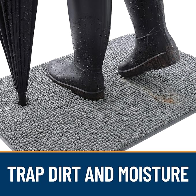 OLANLY Dog Door Mat Set 2-Piece 30x20, Absorbs Moisture and Dirt, Absorbent Non-Slip Washable Doormat, Quick Dry Chenille Mud Mat for Dogs, Entry Indoor Entryway Carpet for Inside Floor, Grey