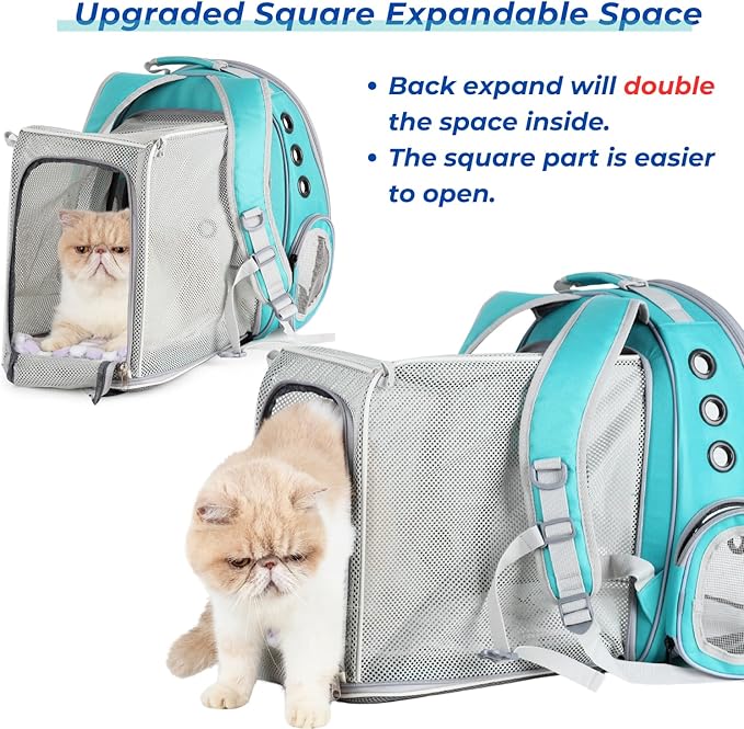 Lollimeow Cat Carrier Backpack, Bubble Expandable Backpack Carrier, Pets and Small Dogs,Airline-Approved, Designed for Travel, Hiking, Walking &amp; Outdoor Use (Square Back Expandable-Green)