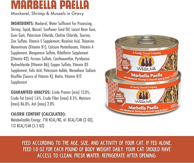 Weruva Classic Cat Food, Marbella Paella with Mackerel, Shrimp, &amp; Mussels in Gravy, 3oz Can (Pack of 24)