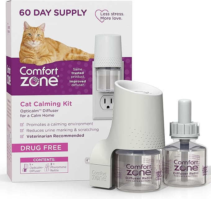 Comfort Zone 60 Day Starter Kit: 1 Cat Calming Diffuser &amp; 2 Refills; Cat Pheromones Help Anxiety; Reduce Stress, Urine Marking, Scratching