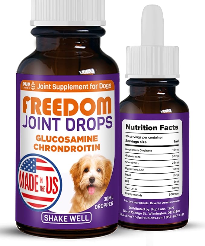 Freedom Joint Drops for Dogs with Hyaluronic Acid, MSM, Glucosamine, &amp; Chondroitin, All Natural Liquid Joint Supplement for Dogs for Pain Relief, Mobility and Hip Support, 30 ml Dropper