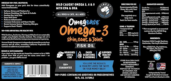 Omegease Fish Oil for Dogs &amp; Cats - Finest for Pets Omega 3 for Cats &amp; Dogs - Supplement for Skin &amp; Coat, Itching, Shedding, Joints &amp; Immune Health - 100% Pure Omega Fish Oil with EPA &amp; DHA (16 oz)
