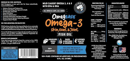 Omegease Fish Oil for Dogs &amp; Cats - Finest for Pets Omega 3 for Cats &amp; Dogs - Supplement for Skin &amp; Coat, Itching, Shedding, Joints &amp; Immune Health - 100% Pure Omega Fish Oil with EPA &amp; DHA (16 oz)