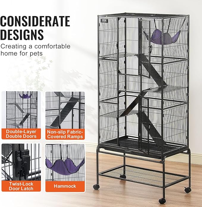 VEVOR 69" Rolling Metal Ferret Cage, Large 4-Tier Critter Nation Cage, Small Animal Cage with Ramps &amp; Tray, Easy to Set up for Pet Mice, Hamster, Guinea Pig, Chinchilla, Squirrel, Hedgehogs, Bunny