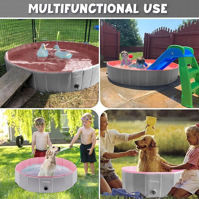 Furrybaby Dog Pool, Kiddie Pool Hard Plastic, Collapsible Pet Bath Foldable Swimming Pet Pool Portable Pink 32&