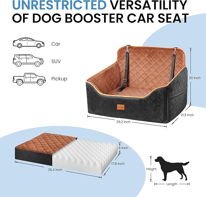 Dog Car Seat for Medium Dogs - Pet Car Seat with 2 Safety Straps &amp; Waterproof Padding, Portable Pet Carrier for Cars, Trucks &amp; SUVs, Comfortable Booster Bed for Pets Up to 55lbs (Black/Coffee)