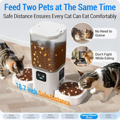 Automatic Cat Feeder with 2 Camera for 2 Cats: 5G WiFi Automatic Dog Feeder with Night Vision &amp; Slow Feed, 7L Auto Cat Food Dispenser for Multiple Pet, Detachable for Easy Cleaning - 29 Cup