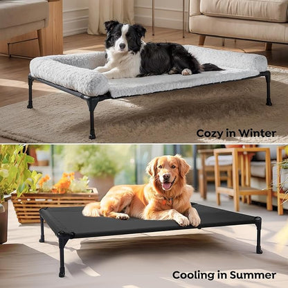 Veehoo Cooling Elevated Dog Bed Add Removable Deluxe Rose Plush Bolster Cushion Mat, 41" x 27" Washable Dog Couch Bed, Raised Pet Cot with Breathable Teslin Mesh, No-Slip Feet, Grey, CWC2439B