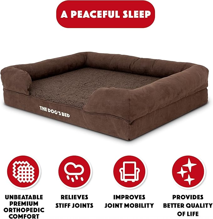 The Dog’s Bed, Large Brown Plush 36x27, Memory Foam, Pain Relief: Arthritis, Hip &amp; Elbow Dysplasia, Post Surgery, Lameness, Supportive, Calming, Waterproof Washable Cover, Veterinary Approved