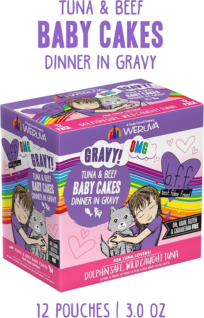 Weruva B.F.OMG - Best Feline Friend Oh My Gravy!, Tuna &amp; Beef Baby Cakes with Tuna &amp; Beef in Gravy Cat Food, 3oz Pouch (Pack of 12), Purple (0152)