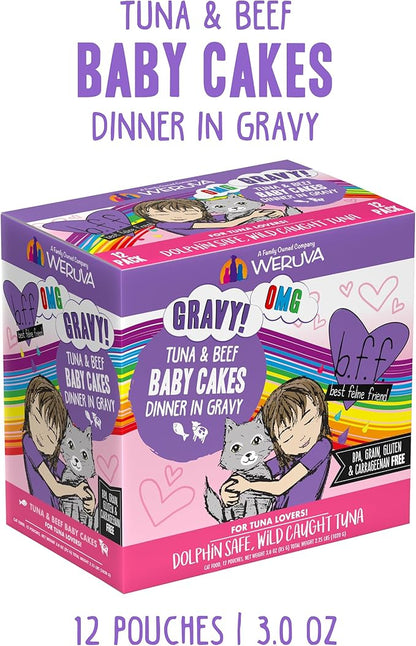 Weruva B.F.OMG - Best Feline Friend Oh My Gravy!, Tuna &amp; Beef Baby Cakes with Tuna &amp; Beef in Gravy Cat Food, 3oz Pouch (Pack of 12), Purple (0152)