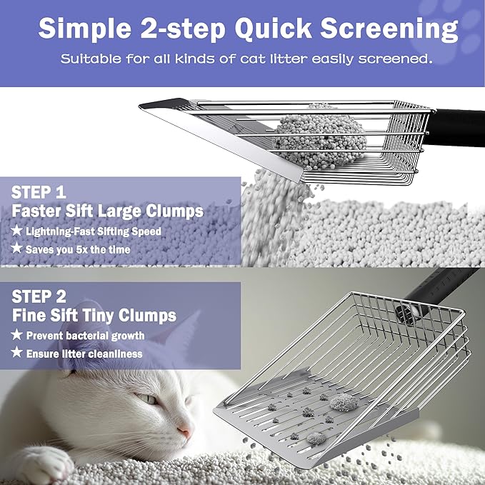 metal Cat Litter Scooper Kit - Durable large steel litter scoop with Dual Grid, Includes Broom &amp; Dustpan for Quick, Easy Cleaning