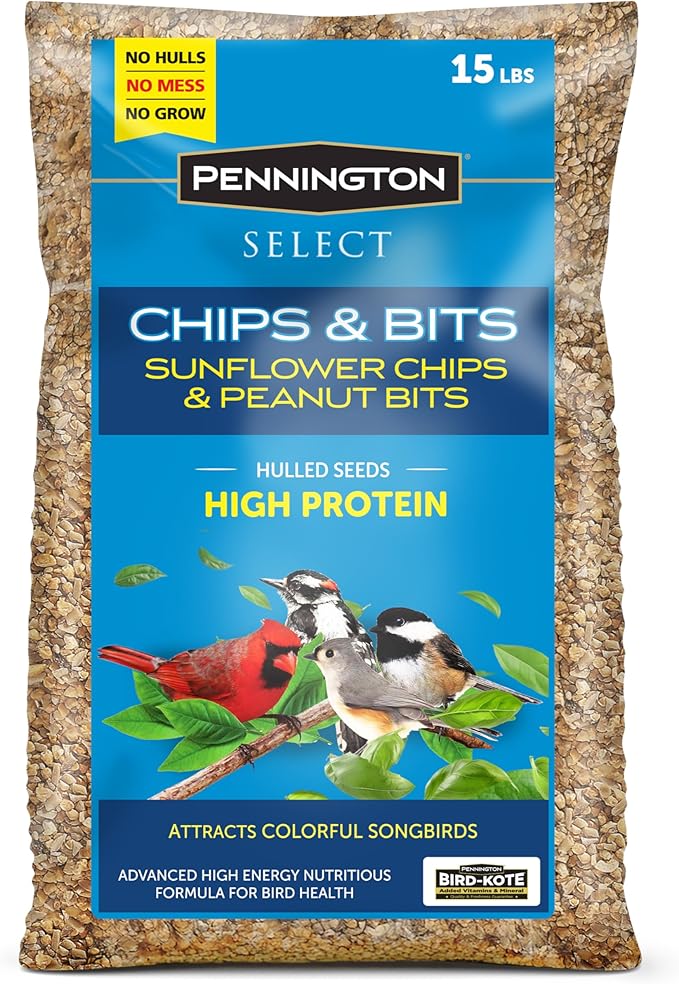 Pennington Select Chips &amp; Bits Wild Bird Seed for Outside Feeders, High-Protein, No-Hull &amp; No-Waste, Sunflower Chips &amp; Peanut Bits Attract Songbirds,15-lb. Bag